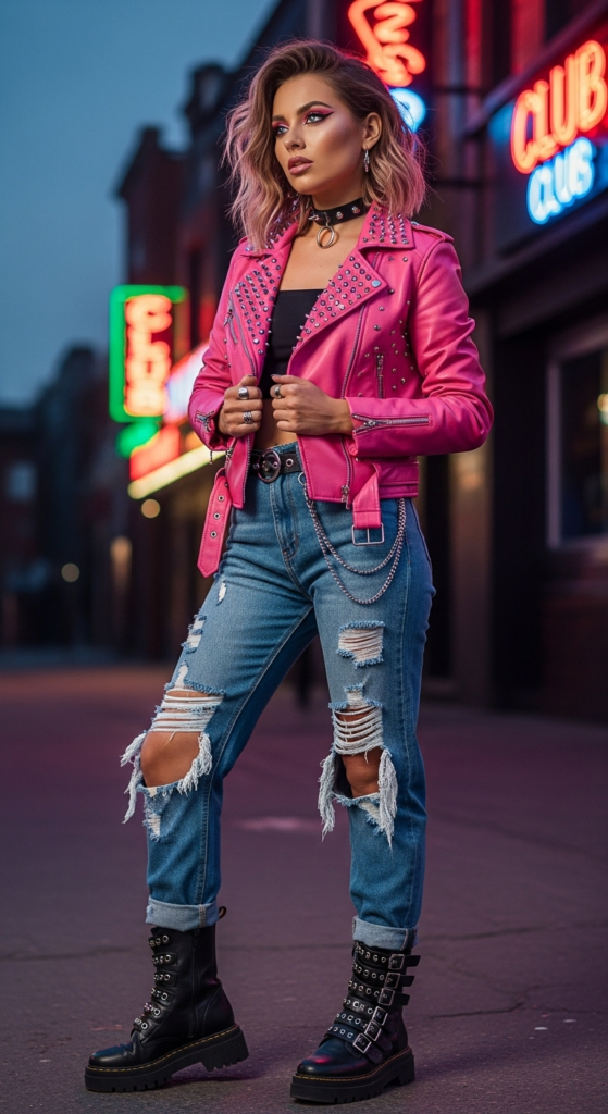 Edgy Pink Leather Jacket with Jeans