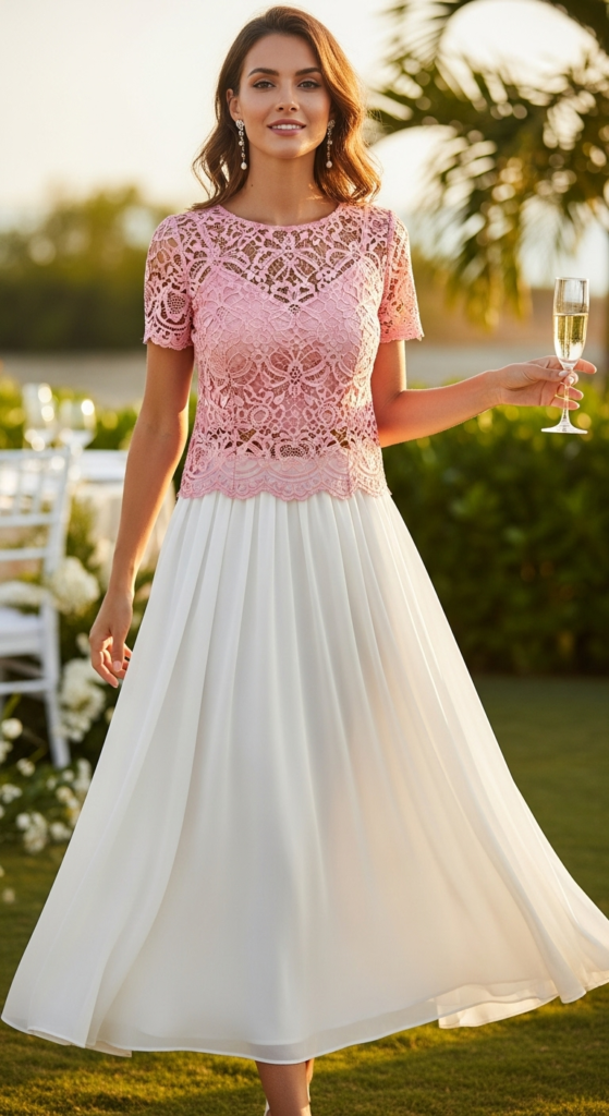 Pink Lace Top with White Skirt