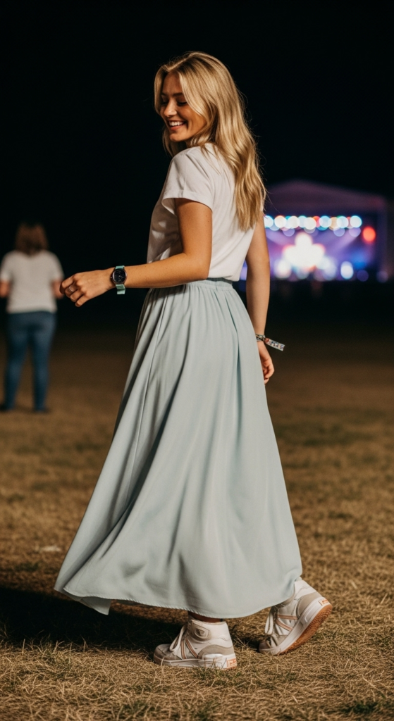 Flowy Maxi Skirt with Trendy Sneakers