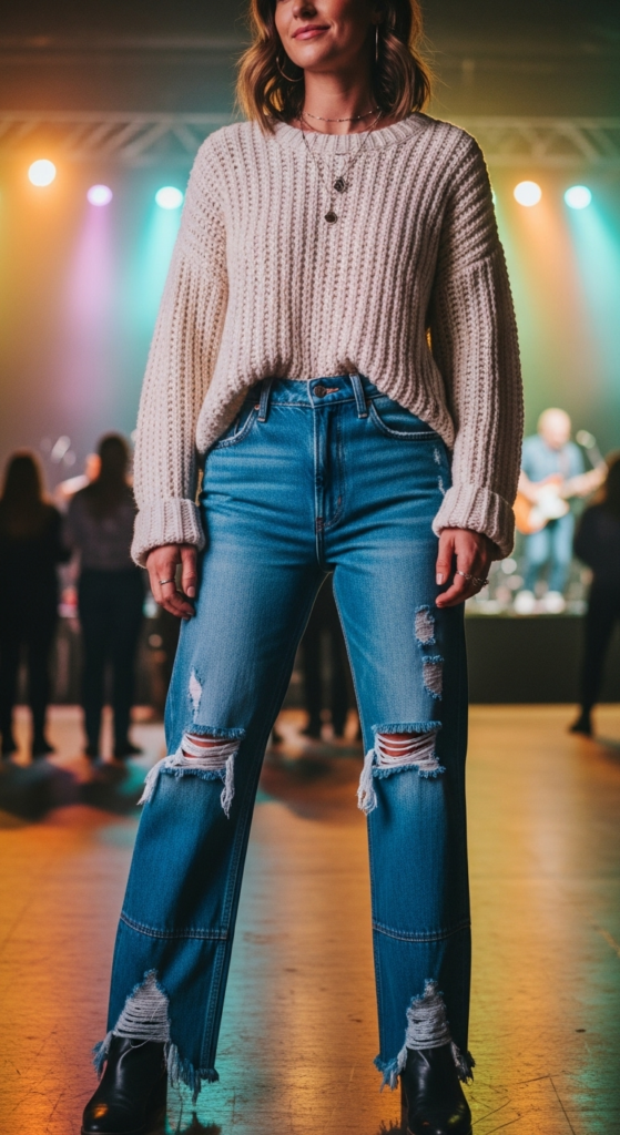 Distressed Jeans and Chunky Knit Sweater