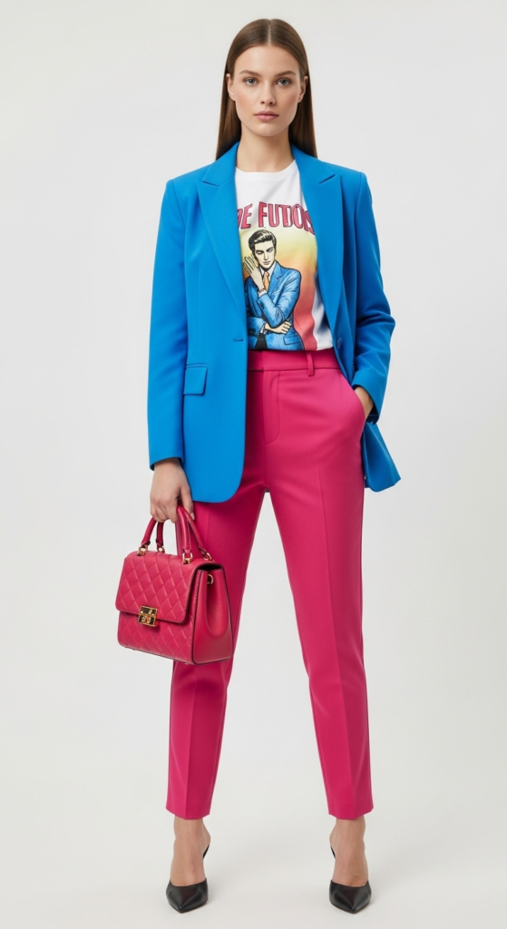 Brightly Colored Suit with Graphic T-Shirt