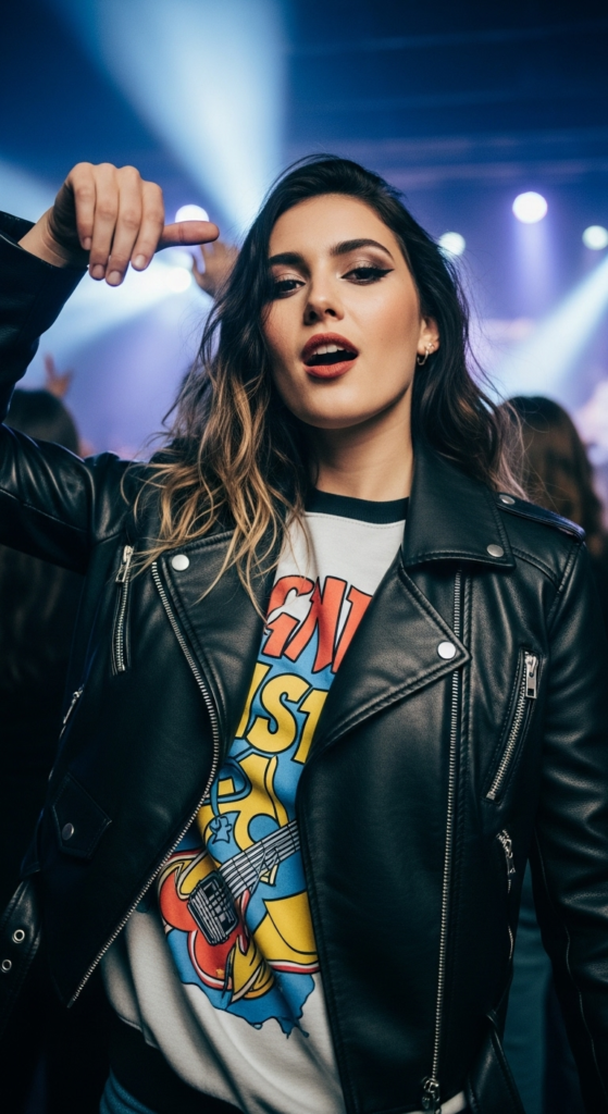 10. Leather Jacket and Graphic Sweatshirt