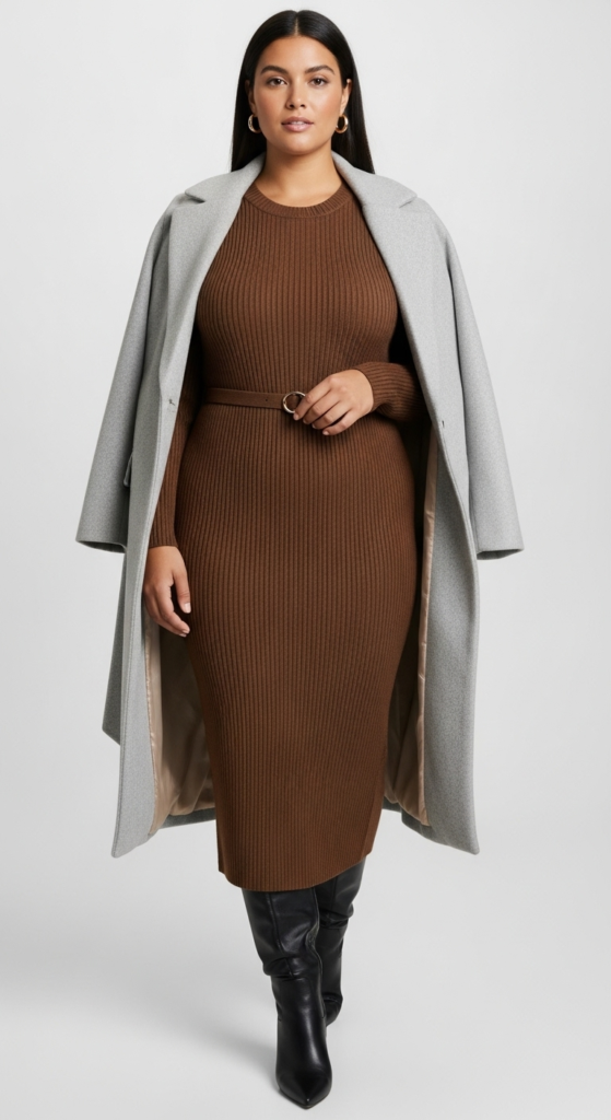 Long Wool Coat with Ribbed Knit Dress