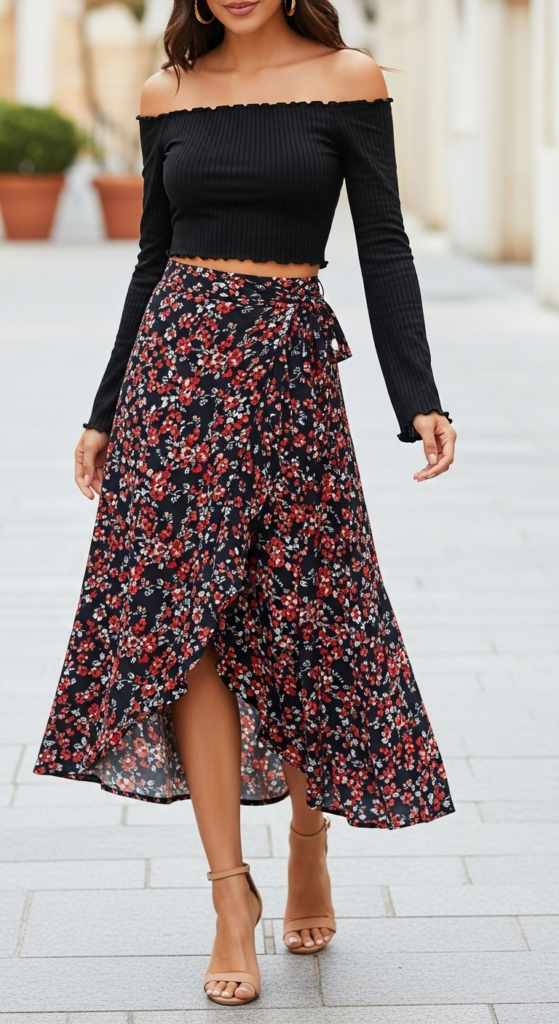 Trendy Wrap Skirt and Off-Shoulder Top