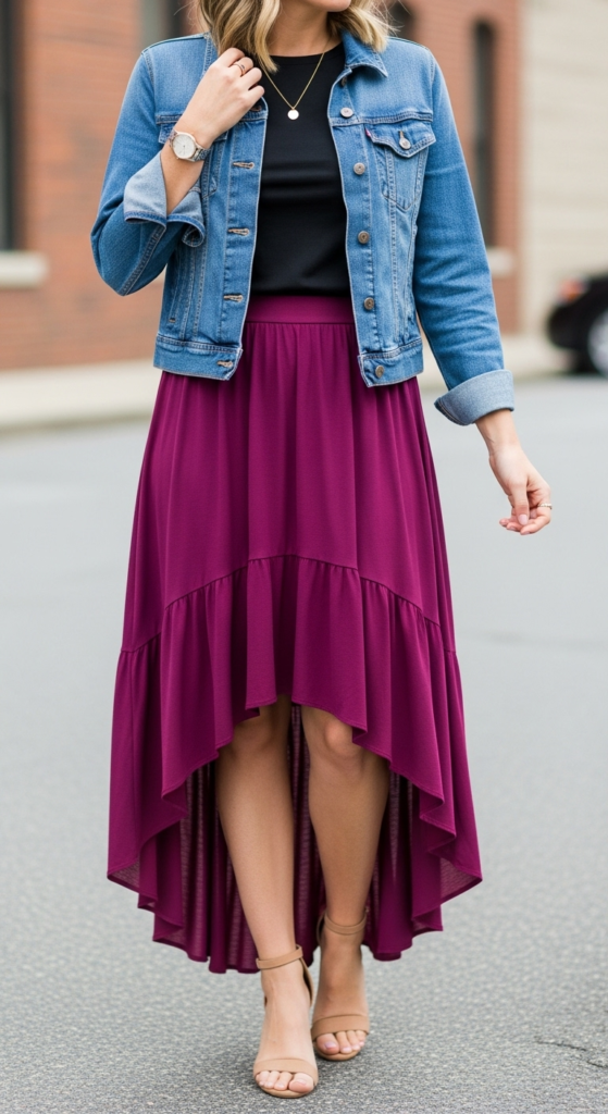 High-Low Skirt with a Denim Jacket