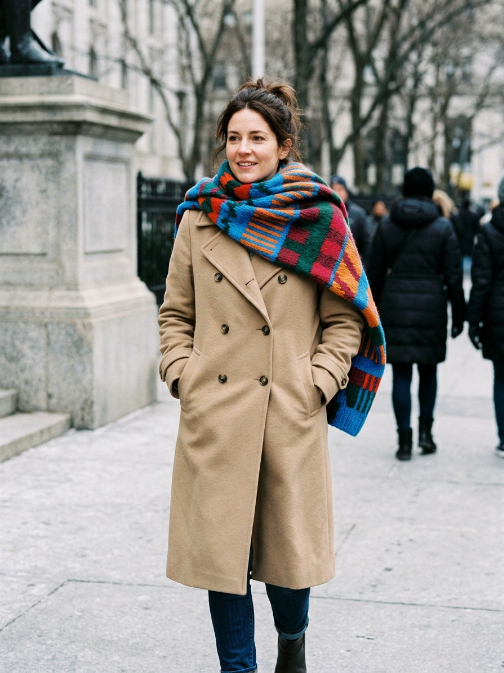 Bold and Bright: Colorful Scarf with a Neutral Coat