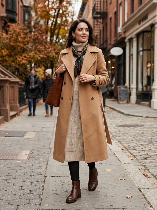 Classic Elegance: Wool Coat Over a Sweater Dress
