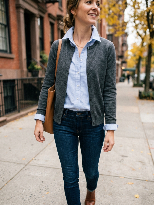 Effortless Layers: Cardigan over a Button-Up Shirt