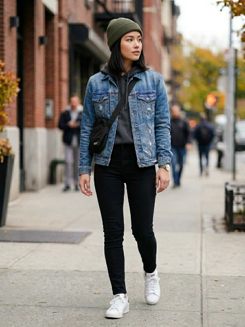 Sporty Edge: Hoodie with a Denim Jacket