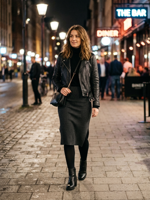 Night Out: Leather Jacket with a Knit Midi Skirt